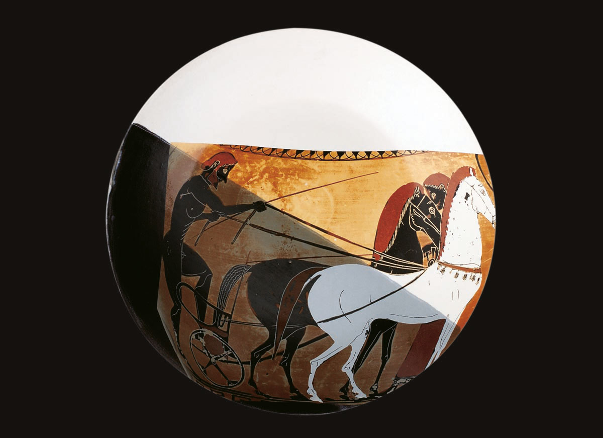 Earthenware with white glaze, painted with black ceramic stain, with added decoration, diam. 45 cm, 2003-2004. (Photo. E. Vernadaki Archive) 